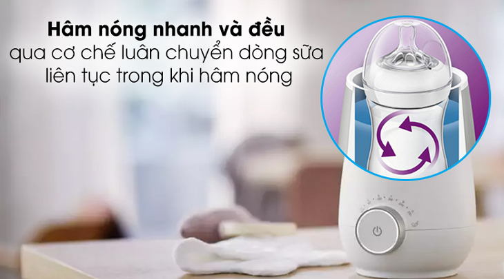 Máy hâm sữa Philips Avent SCF358.00 được trang bị cơ chế luân chuyển liên tục giúp làm nóng sữa đều, nhanh.