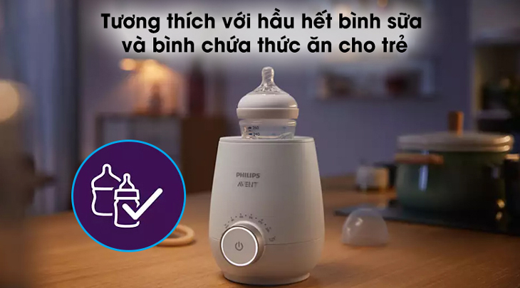 Máy hâm sữa Philips Avent SCF358.00 tương thích với hầu hết bình sữa và bình chứa thức ăn.