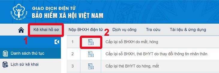 Chọn Cấp lại sổ BHXH do mất, hỏng