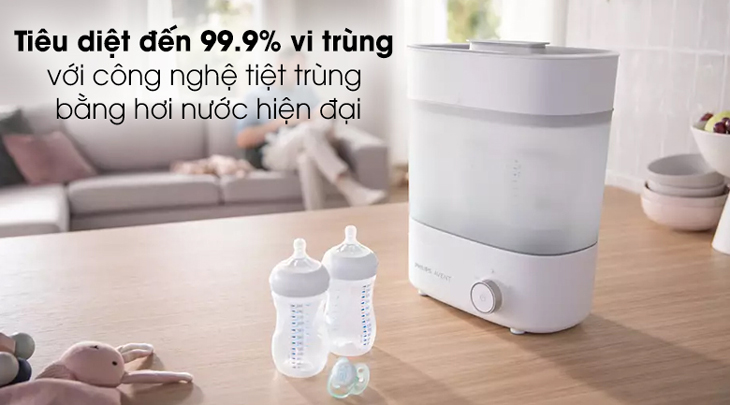 Máy tiệt trùng bình sữa Philips Avent của nước nào? Có tốt không? > Máy tiệt trùng sấy khô bình sữa Philips Avent SCF293.00 được trang bị công nghệ tiệt trùng bằng hơi nước hiện đại, giúp tiêu diệt đến 99.9% vi trùng.