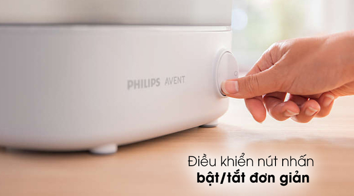 Máy tiệt trùng bình sữa Philips Avent của nước nào? Có tốt không? > Máy tiệt trùng bình sữa 3 trong 1 Philips Avent SCF291.00 được trang bị điều khiển nút nhấn bật/tắt đơn giản.