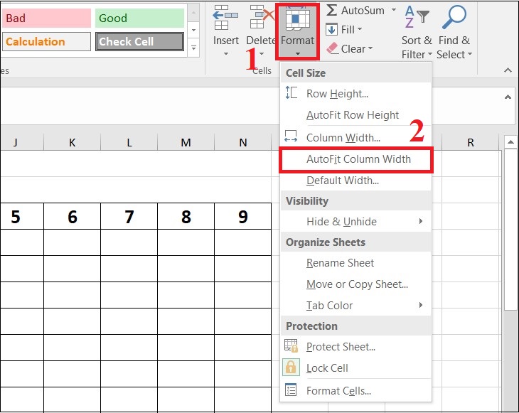 Tự điều chỉnh độ rộng ô trong Excel đơn giản, nhanh chóng > Chọn Format tại mục Cells > Chọn AutoFit Column Width.