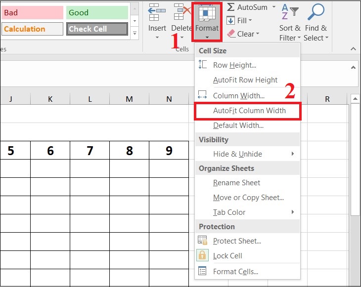 Bạn nhấn vào Format ở mục Cells và chọn AutoFit Column Width