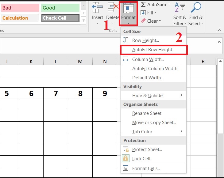 Chọn Format tại mục Cells > Chọn AutoFit Row Height.