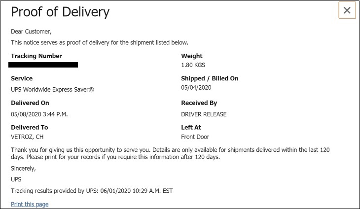 Biên nhận hoàn thành vận chuyển của UPS