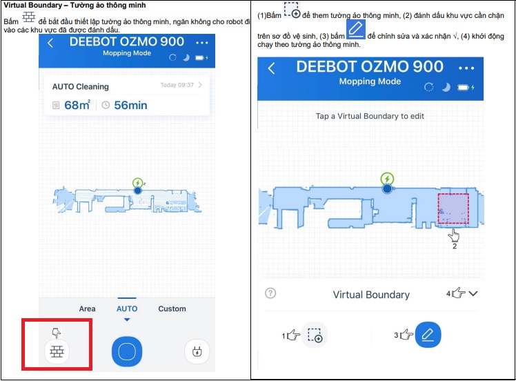 Chọn ô vuông bên trái để vẽ khu vực cụ thể mà bạn không muốn robot đi vào. Chọn tick xanh lá để xác nhận khu vực