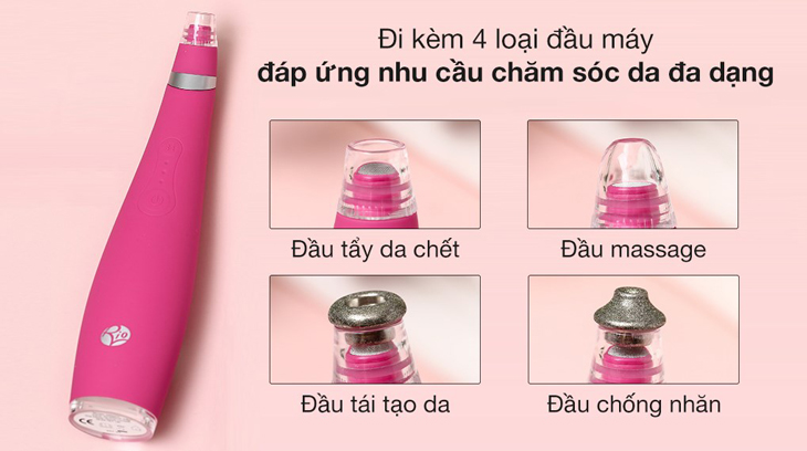 Máy hút mụn và tẩy da chết Rio DRMA3 được trang bị 4 đầu máy giúp đáp ứng được các nhu cầu chăm sóc da đa dạng của bạn.