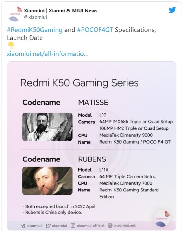 Thông số kỹ thuật dòng Redmi K50 Gaming bị rò rỉ Thông số kỹ thuật dòng Redmi K50 Gaming bị rò rỉ
