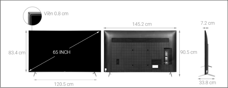 Android Tivi Sony 4K 65 inch KD-65X85J có kích thước tương ứng 