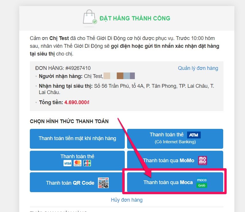 chọn mục Thanh toán qua Moca.
