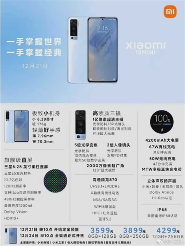 Các thông số nổi bật cùng giá bán rò rỉ của Xiaomi 12 mini. Nguồn: Techradar.