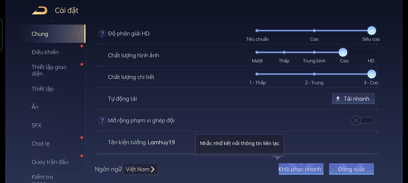 Thiết lập đồ họa của Liên Quân Mobile trên Reno6 Z 5G