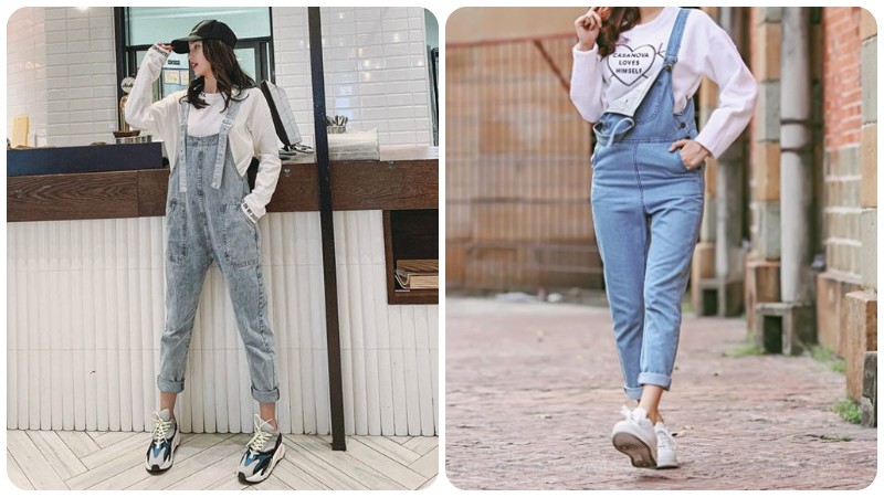 Yếm jeans, áo pull và sneakers