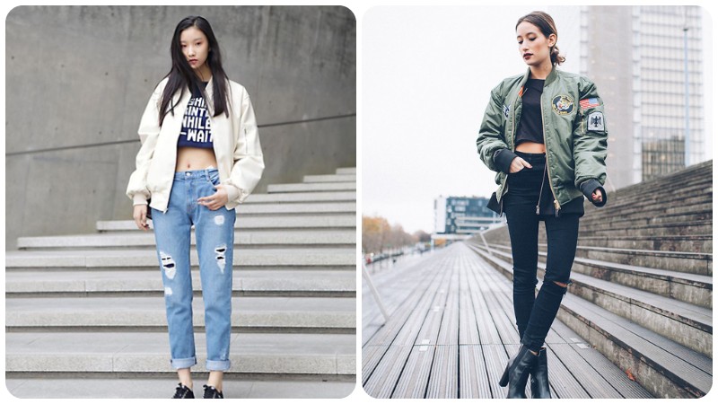 Quần jeans mix với áo khoác bomber và croptop