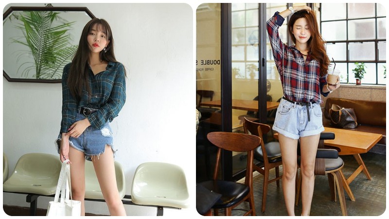 Sơ mi ca rô kết hợp với short jeans