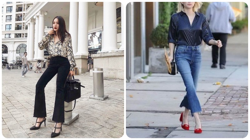 Quần jeans ống loe và áo sơmi