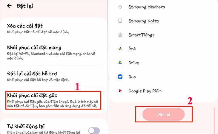 Tiếp tục nhấn vào Khôi phục cài đặt gốc