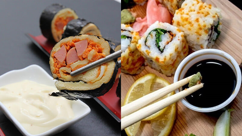 Sushi dùng nước tương, mù tạt còn kimbap thường ăn với mayonnaise