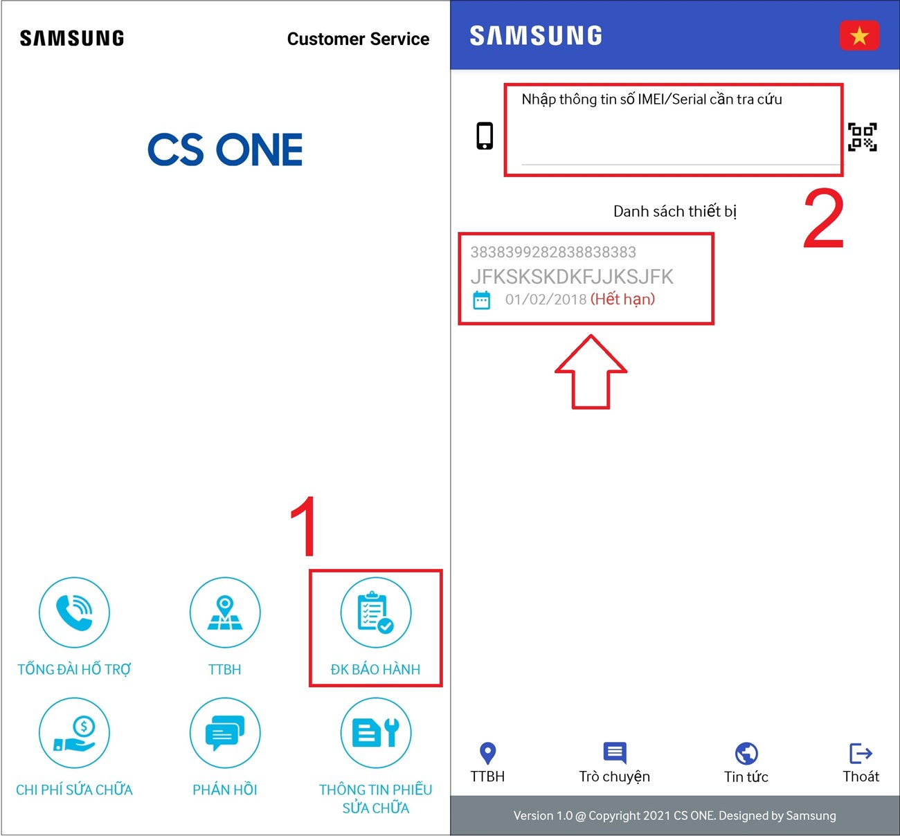 Chọn mục ĐK Bảo hành  Nhập số IMEI/Serial tivi của bạn.