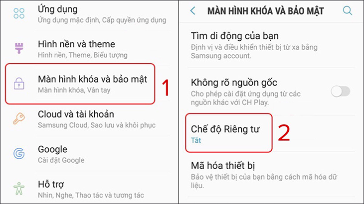 chọn tiếp Màn hình khóa và bảo mật 