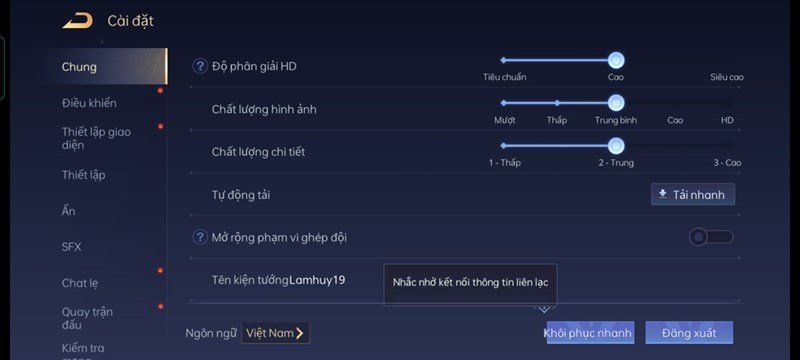Thiết lập đồ họa trong Liên Quân Mobile mà mình dùng để test pin OPPO A95 4G. Thiết lập đồ họa trong Liên Quân Mobile mà mình dùng để test pin OPPO A95 4G.