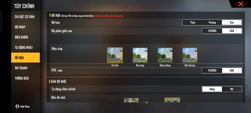 mức setting mình để trong tựa game Free Fire