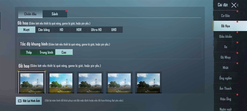 Mức setting mình để trong tựa game PUBG Moblie.