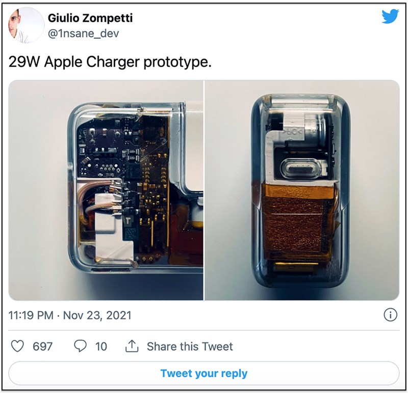 Hình ảnh tai nghe bộ sạc 29 W của Apple trong suốt được chia sẻ trên Twitter