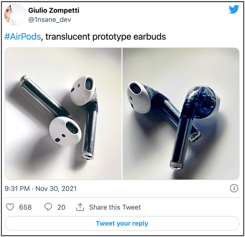 Hình ảnh tai nghe Airpods trong suốt được chia sẻ trên Twitter