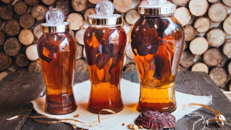 Preserving lingzhi mushrooms by soaking them in alcohol