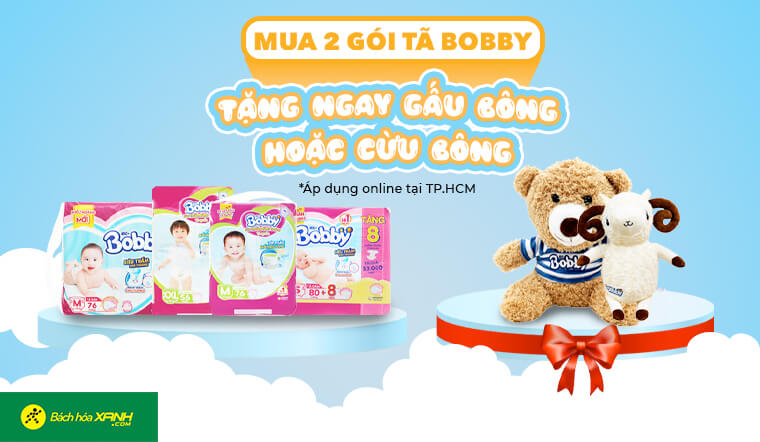 Tã bỉm Bobby khuyến mãi: Mua 2 gói tặng 1 gấu bông hoặc cừu bông