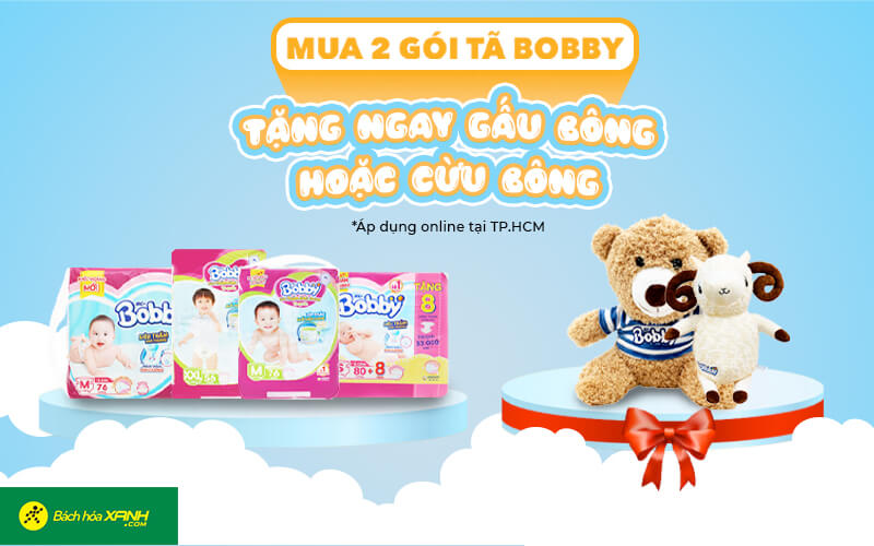 Tã bỉm Bobby khuyến mãi: Mua 2 gói tặng 1 gấu bông hoặc cừu bông