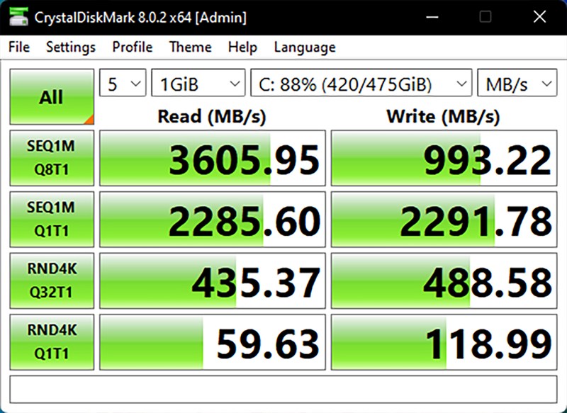 Đo tốc độ đọc/ghi của ổ cứng SSD 512 GB bên trong ASUS VivoBook Pro 15 OLED.