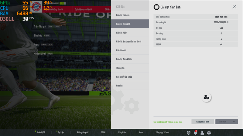 Thiết lập đồ họa trong FIFA Online 4 mà mình chỉnh để test hiệu năng ASUS VivoBook Pro 15 OLED.
