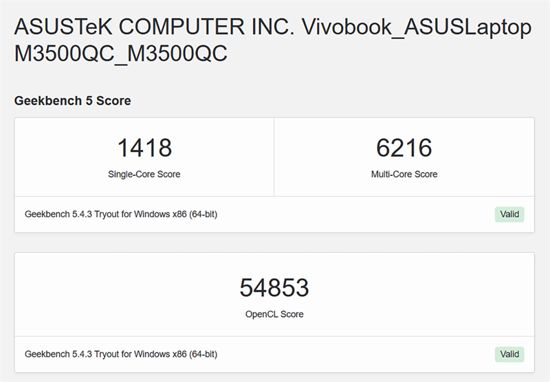 Điểm GeekBench 5 của ASUS VivoBook Pro 15 OLED.
