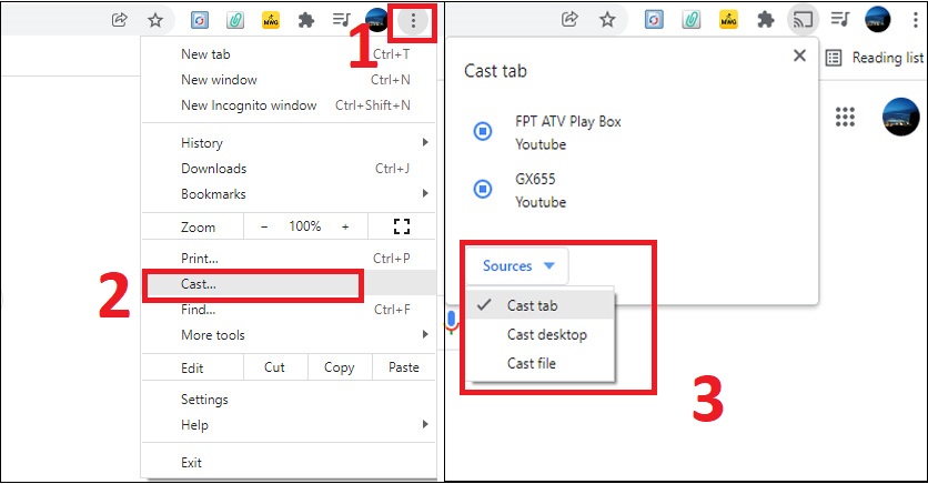 Người dùng mở trình duyệt Google Chrome > chọn dấu 3 chấm tại góc phải màn hình > chọn Cast nội dung theo ý muốn.