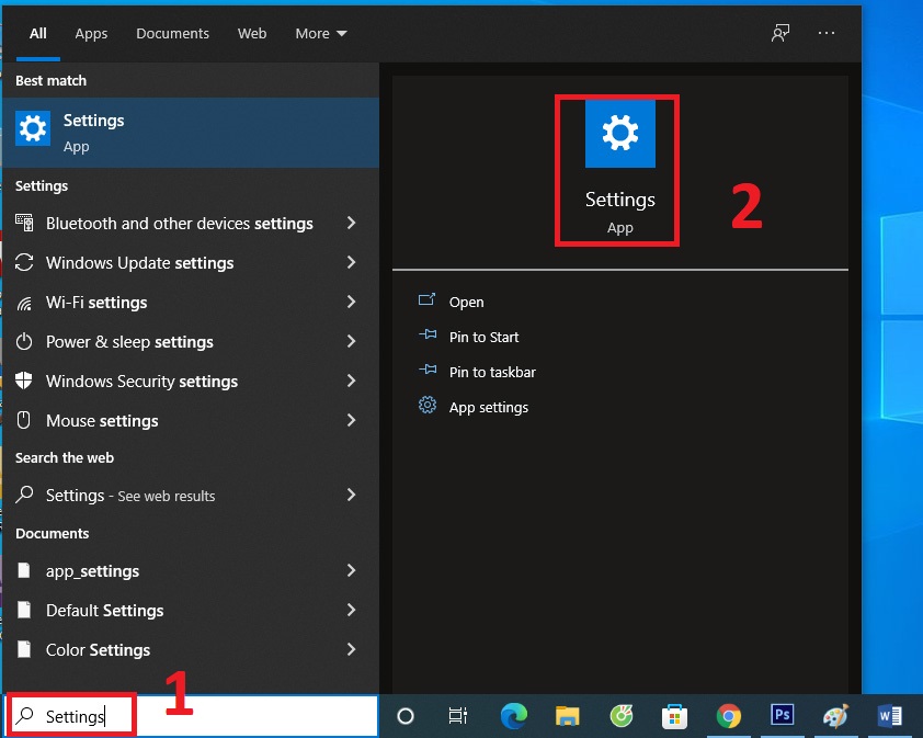 Bước 1: Chọn Start > Nhấn chọn tìm kiếm Settings và chọn ứng dụng Settings
