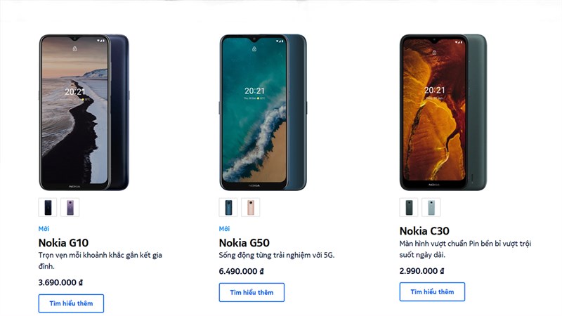 Giá bán của Nokia G50 được đăng trên trang chủ của Nokia