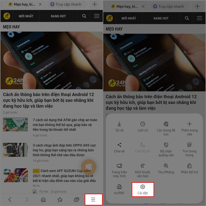 di chuyển thanh địa chỉ xuống dưới màn hình trên Samsung Internet Browser