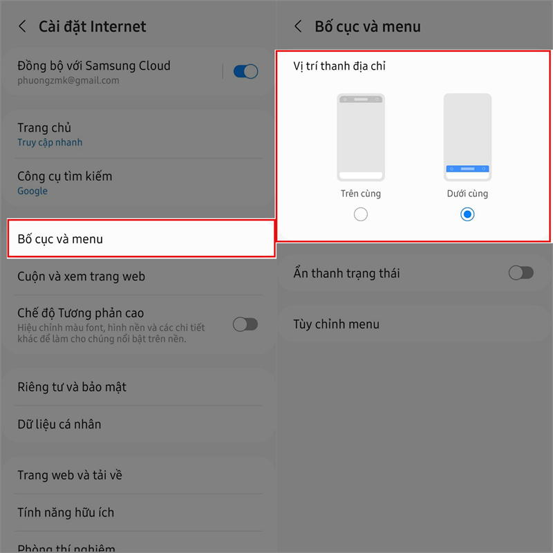 di chuyển thanh địa chỉ xuống dưới màn hình trên Samsung Internet Browser