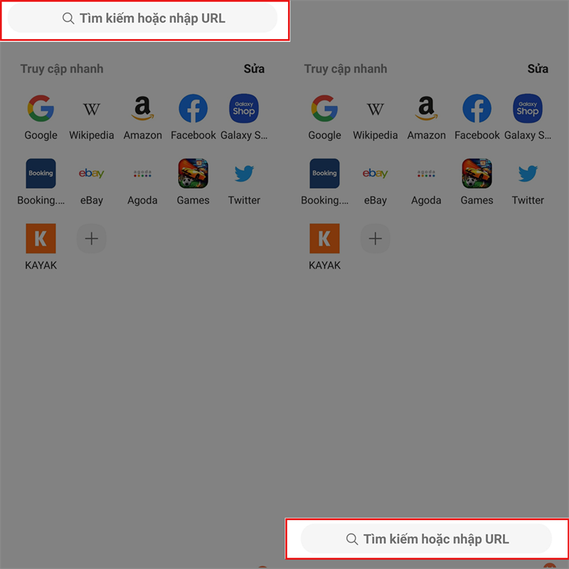 di chuyển thanh địa chỉ xuống dưới màn hình trên Samsung Internet Browser