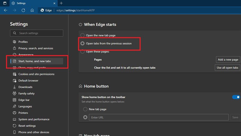 cách cài đặt trình duyệt Microsoft Edge luôn khởi động ở các tab đã đóng