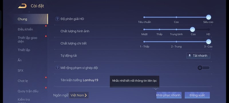 Thiết lập đồ họa trong Liên Quân Mobile mà mình dùng để test pin OPPO Reno6 5G. Thiết lập đồ họa trong Liên Quân Mobile mà mình dùng để test pin OPPO Reno6 5G.