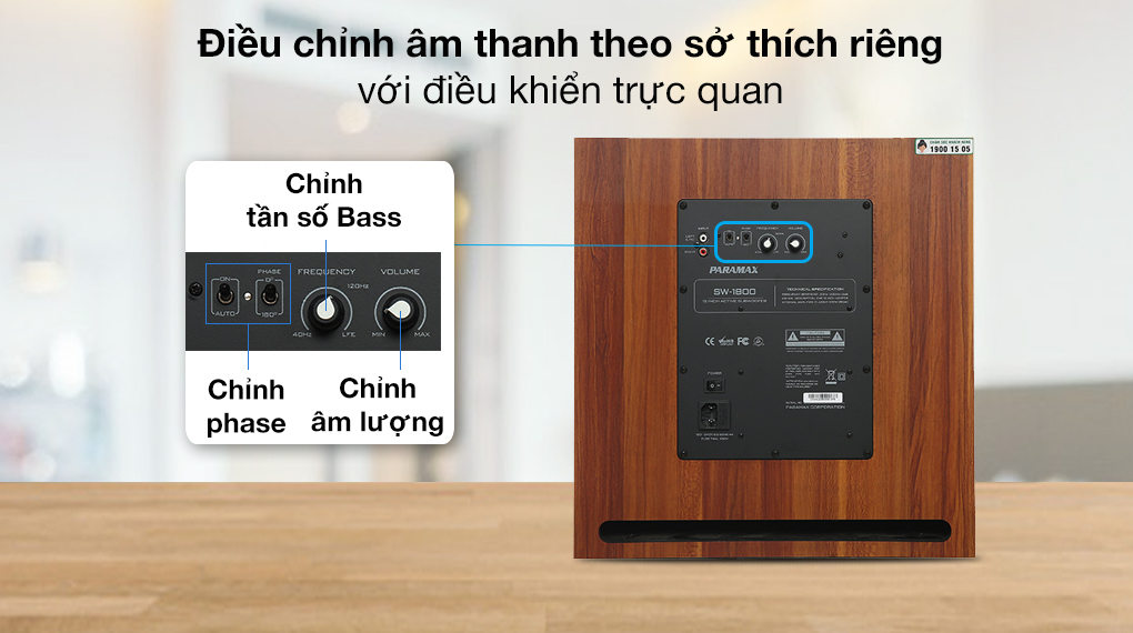 Nút điều chỉnh âm thanh và tần số trên loa Siêu Trầm Paramax SW-1800