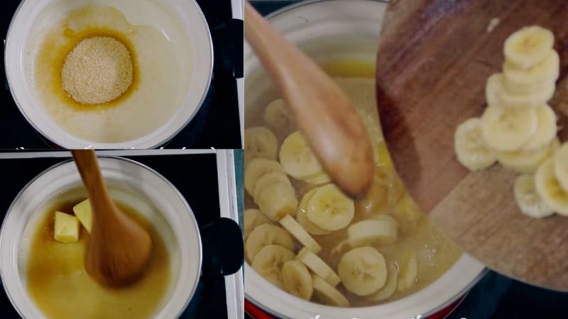 Cho đường và nước táo ép vào đun, sau đó cho bơ và cuối cùng là cho chuối vào