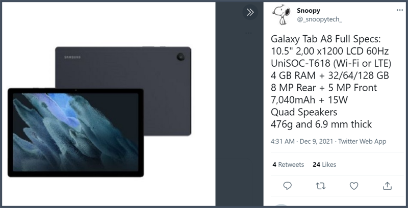 Galaxy Tab A8 (2021) lộ thông số kỹ thuật