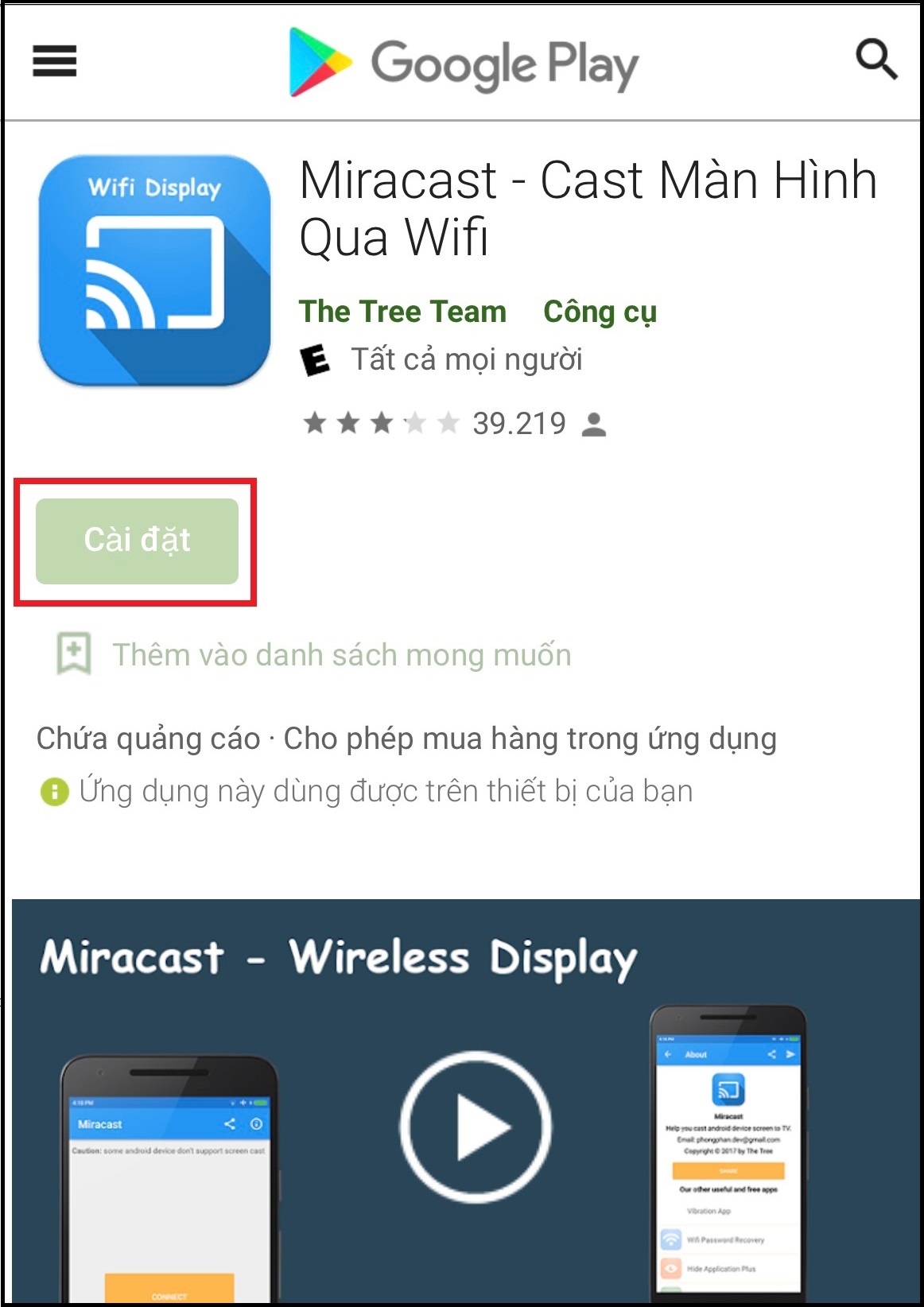 Tải và cài đặt ứng dụng Wifi Display (Miracast) 