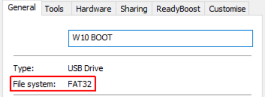 Chọn ổ USB của bạn, chọn Properties, nhìn File system xem là loại file hệ thống nào
