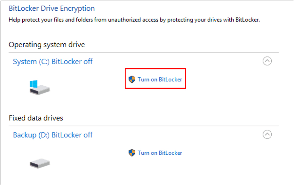 Trong cửa sổ BitLocker Drive Encryption, hãy chọn ổ bị lỗi và nhấp vào Turn off BitLocker