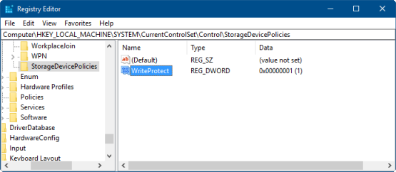 Duyệt tìm đến nhánh HKEY_LOCAL_MACHINE SYSTEM CurrentControlSet Control StorageDevicePolicies